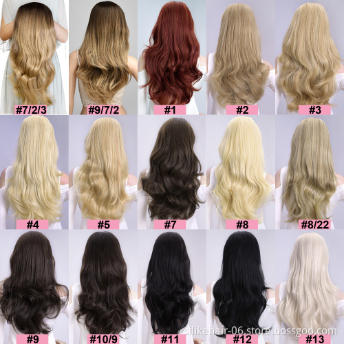 Wholesale Soft Long Ombre Brown Blonde Capless Wigs Hair Clips Extension 24Inches Wavy 3/4 Half Wig Synthetic Hair Extensions